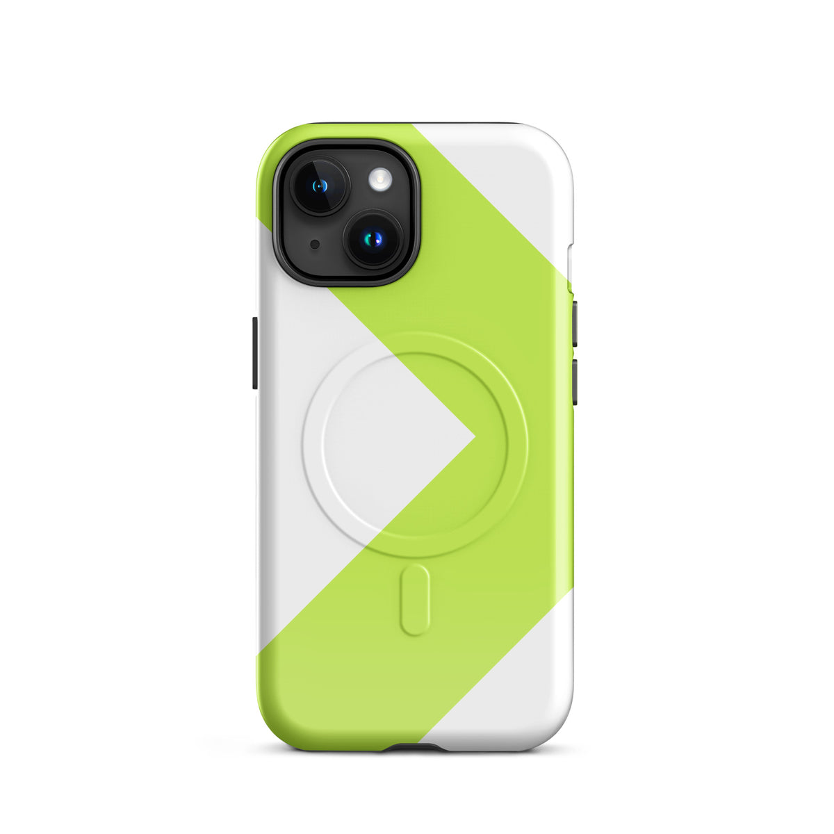 LGH MagSafe Tough Case with signal-green chevron, glossy finish, on iPhone 15