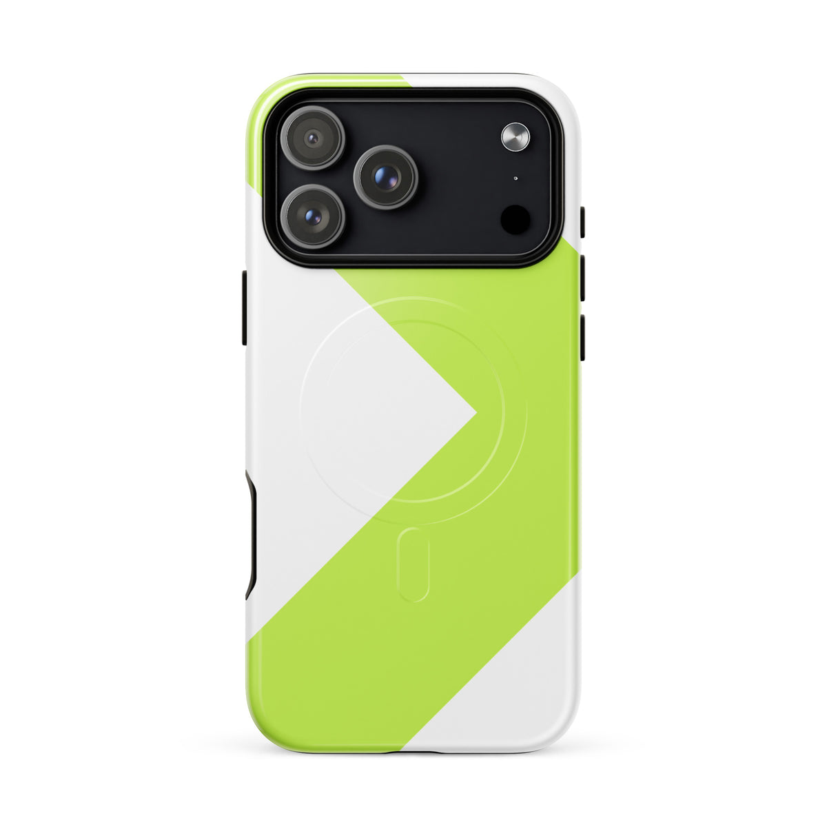LGH MagSafe Tough Case with signal-green chevron, glossy finish, on iPhone 17 Pro Max