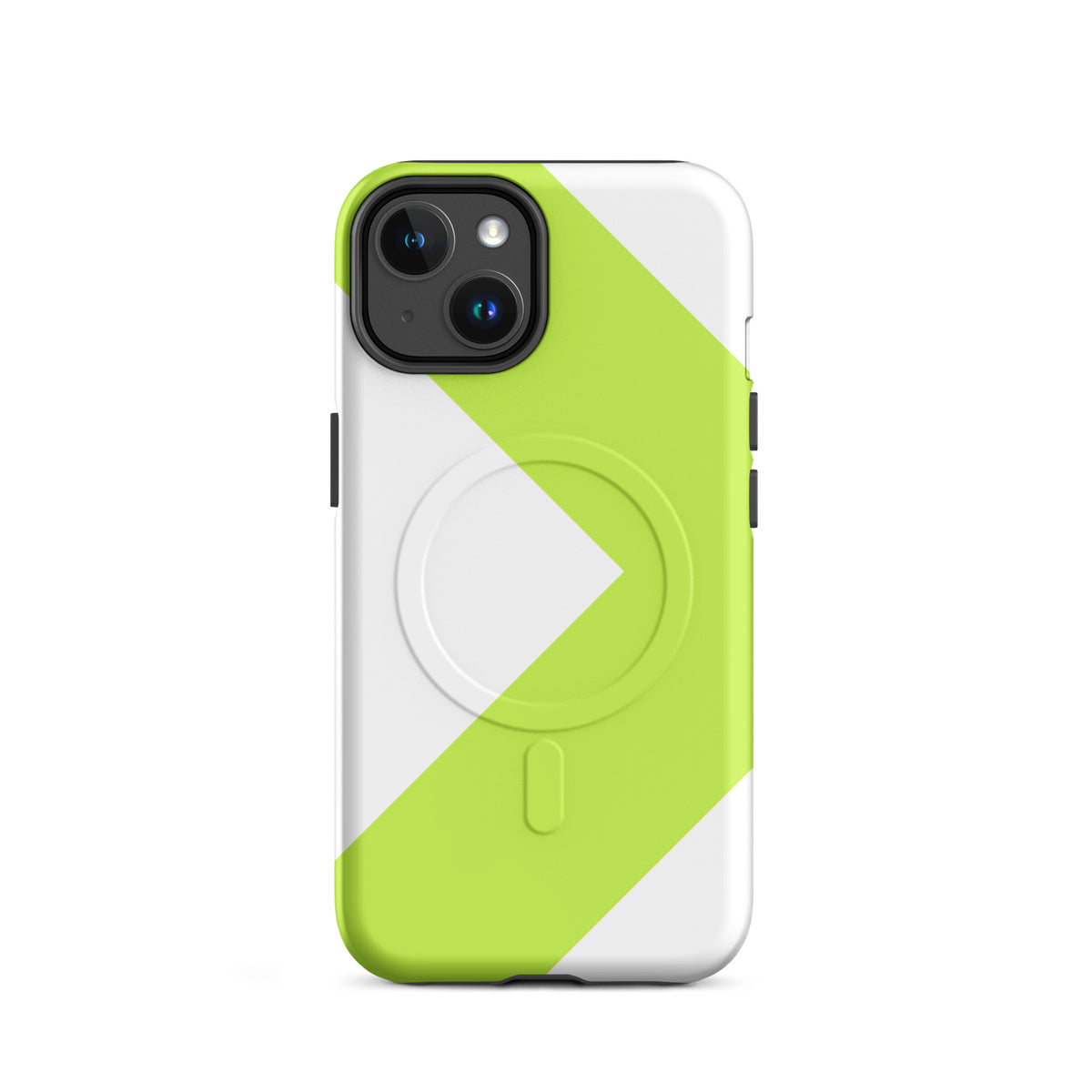 LGH MagSafe Tough Case with signal-green chevron, matte finish, on iPhone 14
