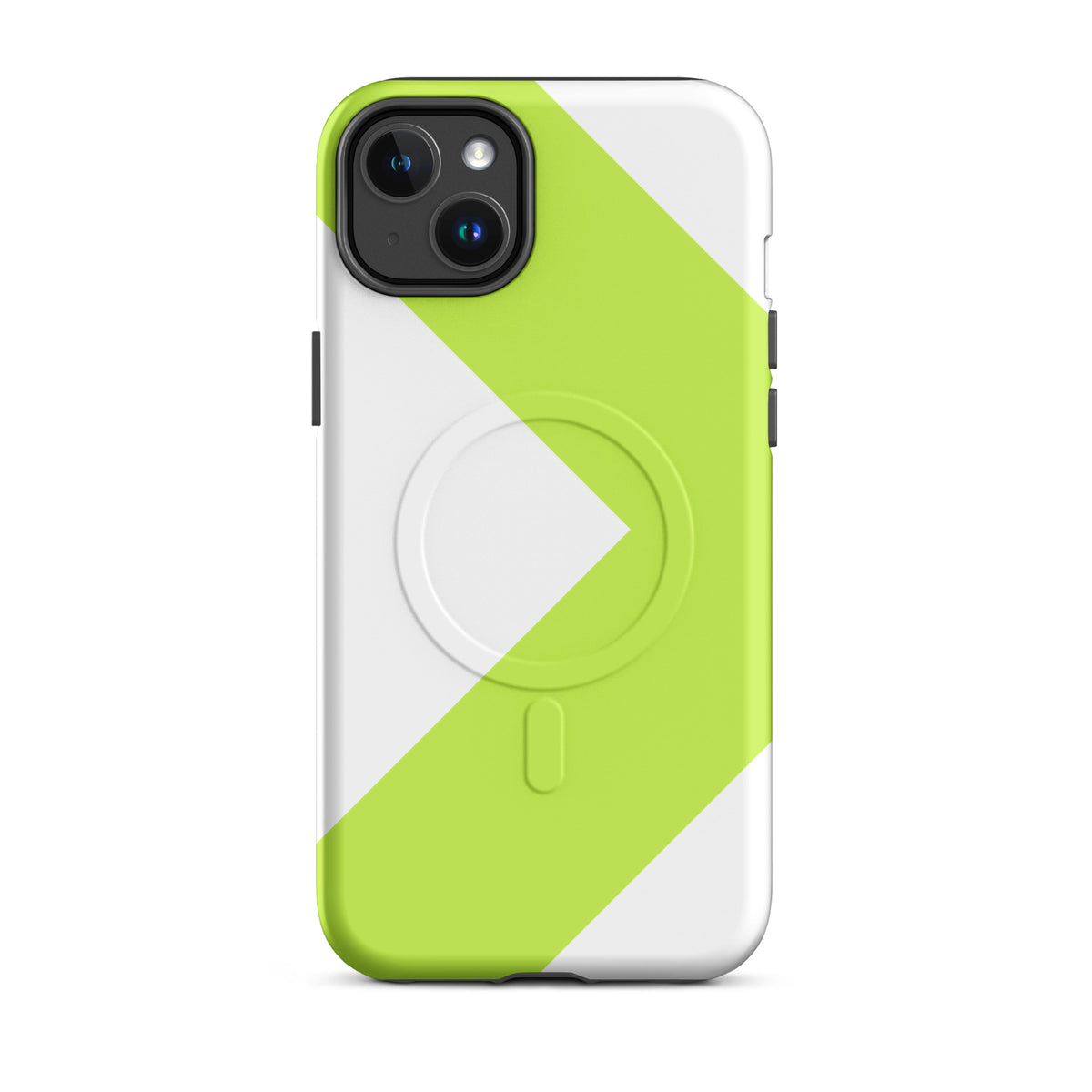 LGH MagSafe Tough Case with signal-green chevron, matte finish, on iPhone 14 Plus