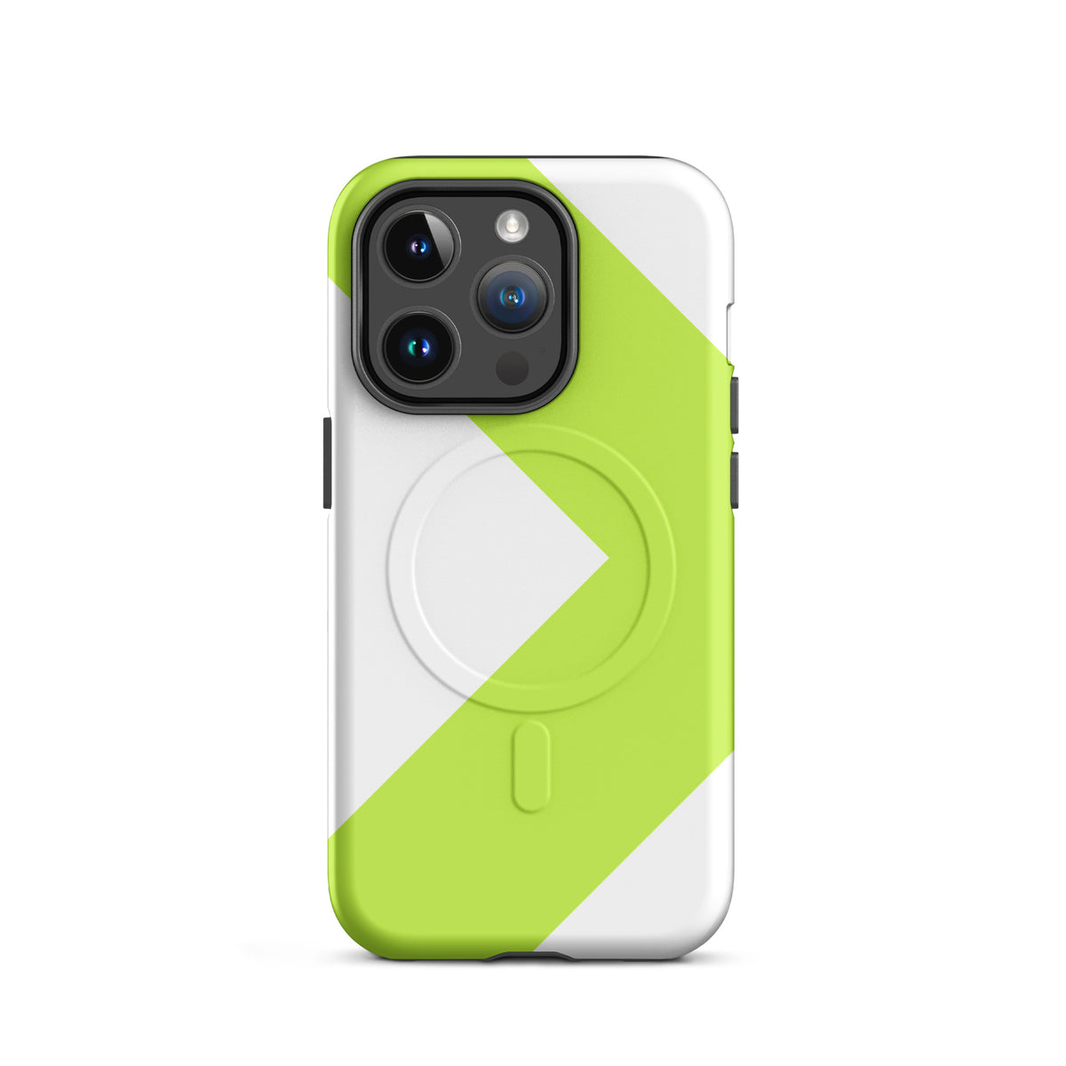 LGH MagSafe Tough Case with signal-green chevron, matte finish, on iPhone 14 Pro