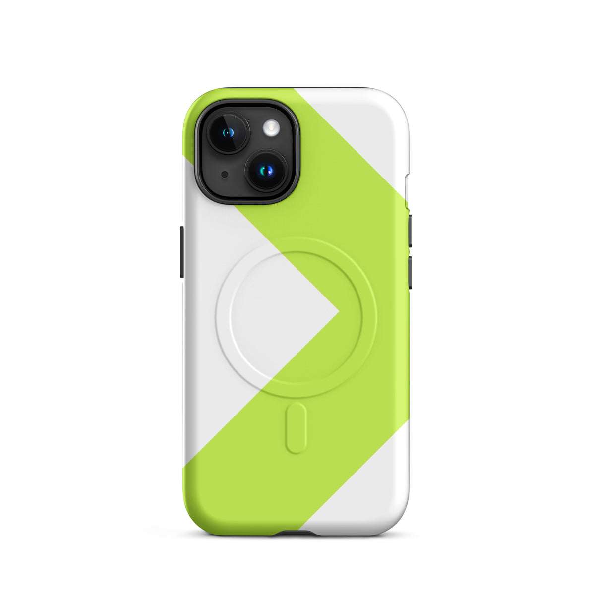 LGH MagSafe Tough Case with signal-green chevron, matte finish, on iPhone 15