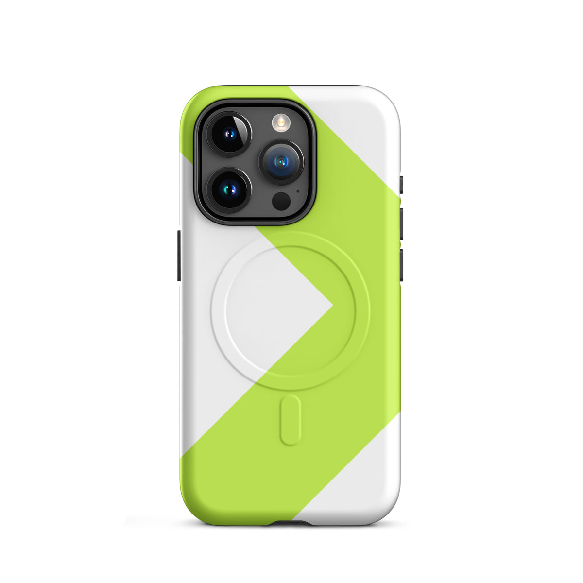 LGH MagSafe Tough Case with signal-green chevron, matte finish, on iPhone 15 Pro