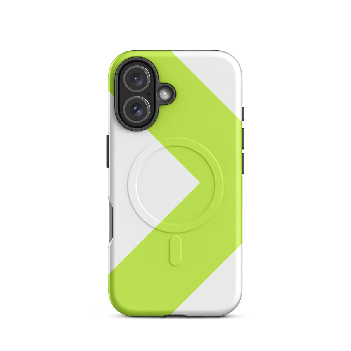 LGH MagSafe Tough Case with signal-green chevron, matte finish, on iPhone 16