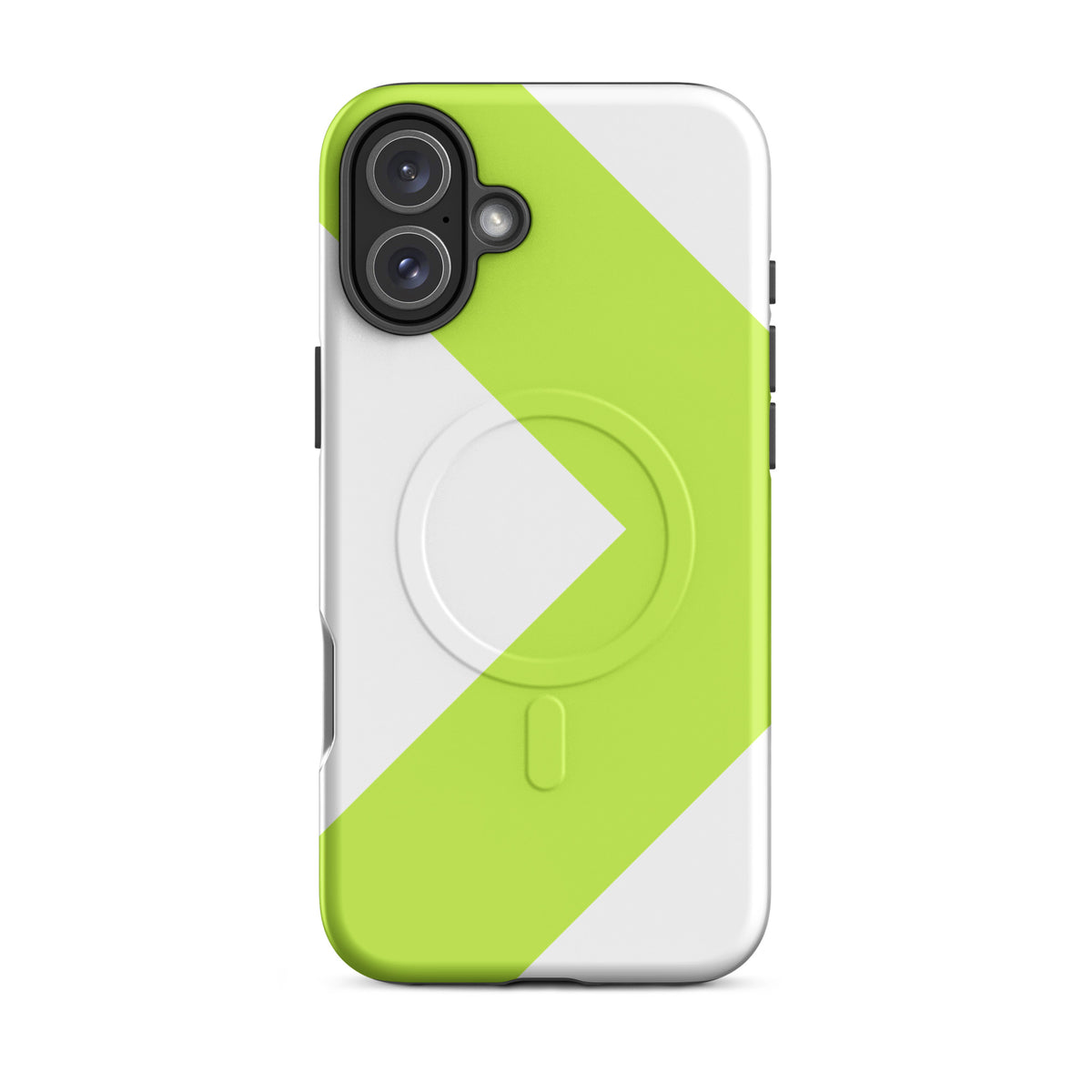 LGH MagSafe Tough Case with signal-green chevron, matte finish, on iPhone 16 Plus