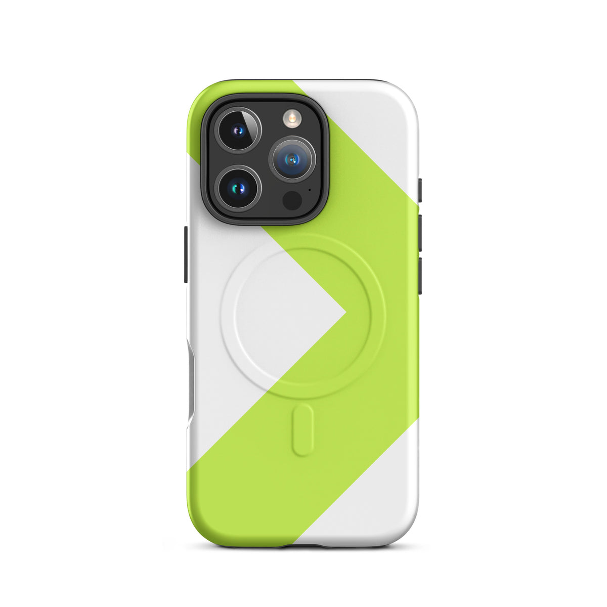 LGH MagSafe Tough Case with signal-green chevron, matte finish, on iPhone 16 Pro