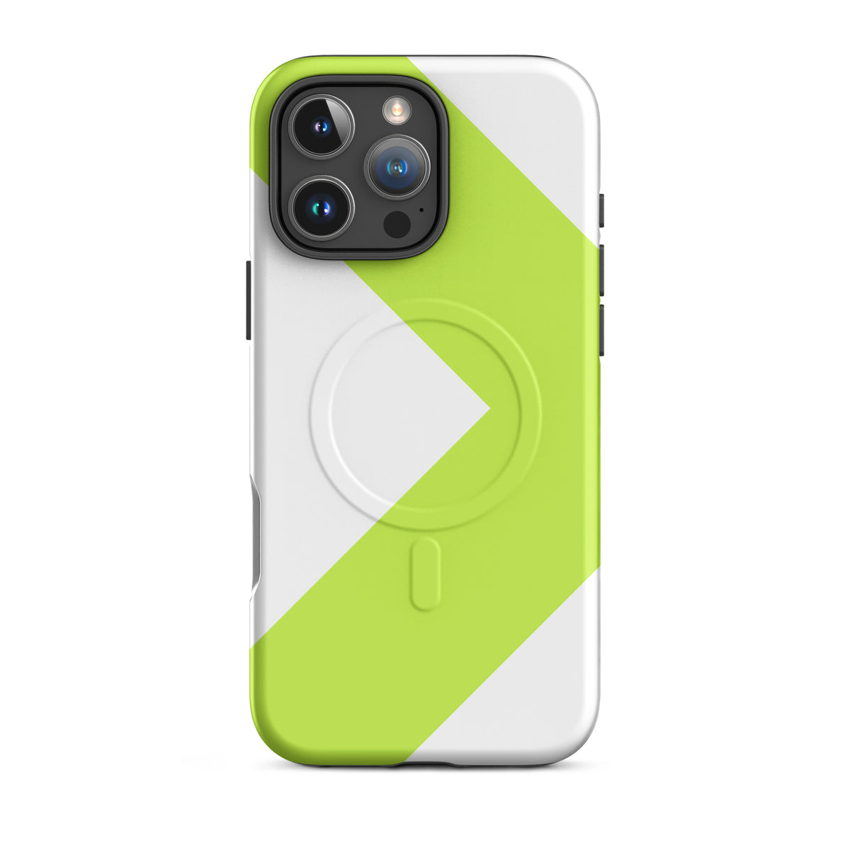 LGH MagSafe Tough Case with signal-green chevron, matte finish, on iPhone 16 Pro Max