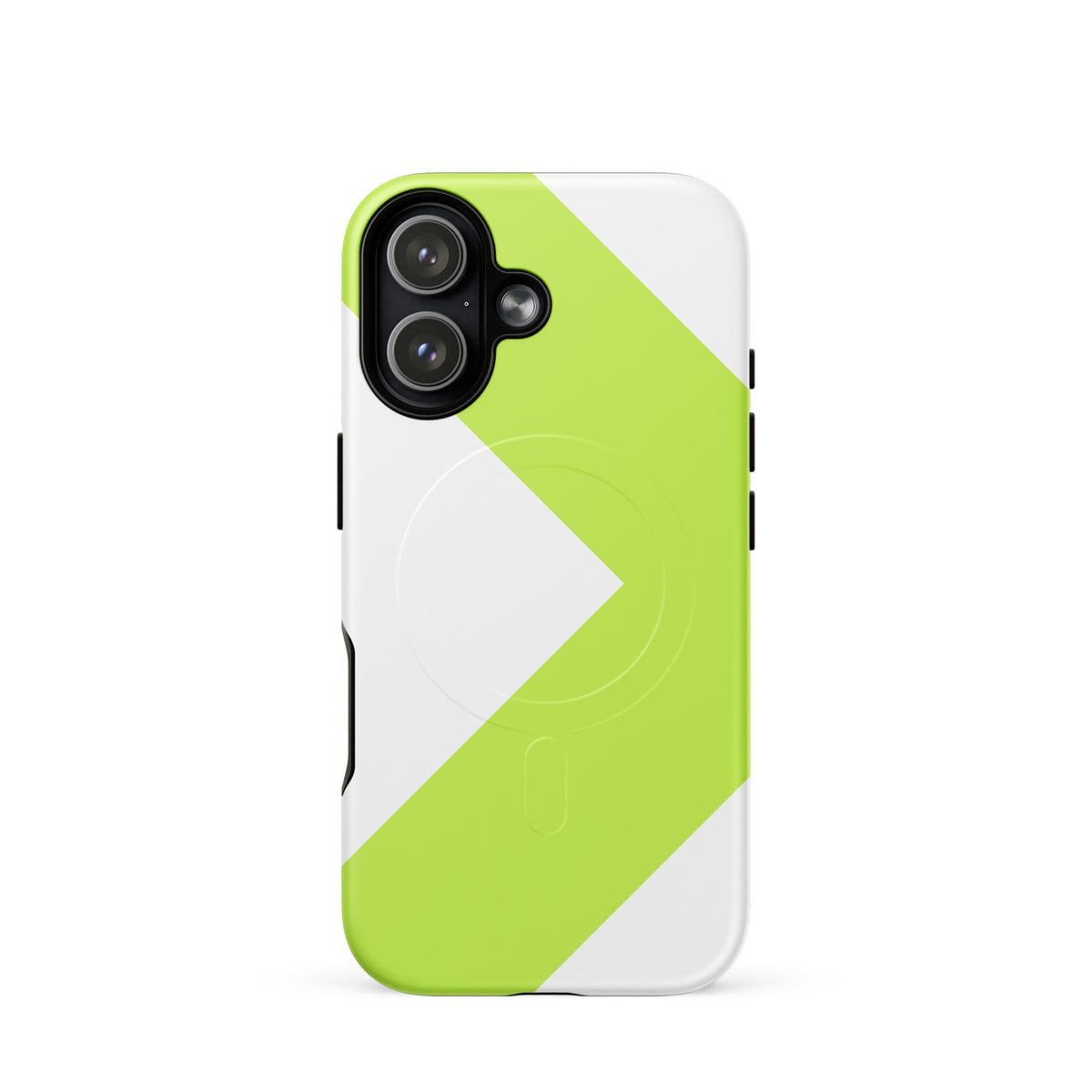 LGH MagSafe Tough Case with signal-green chevron, matte finish, on iPhone 17
