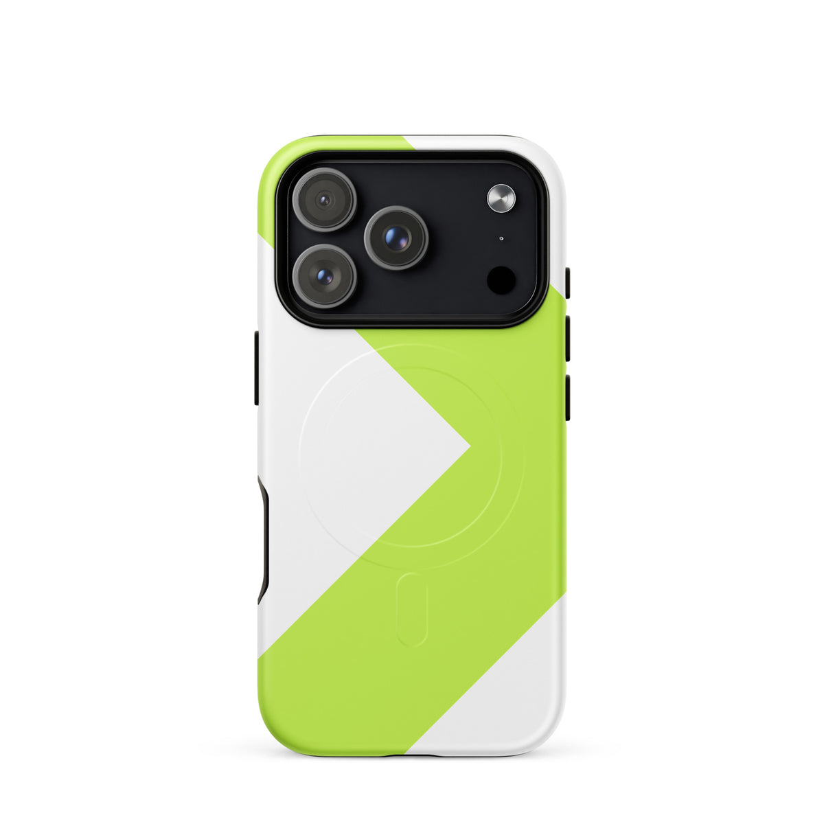 LGH MagSafe Tough Case with signal-green chevron, matte finish, on iPhone 18 Pro