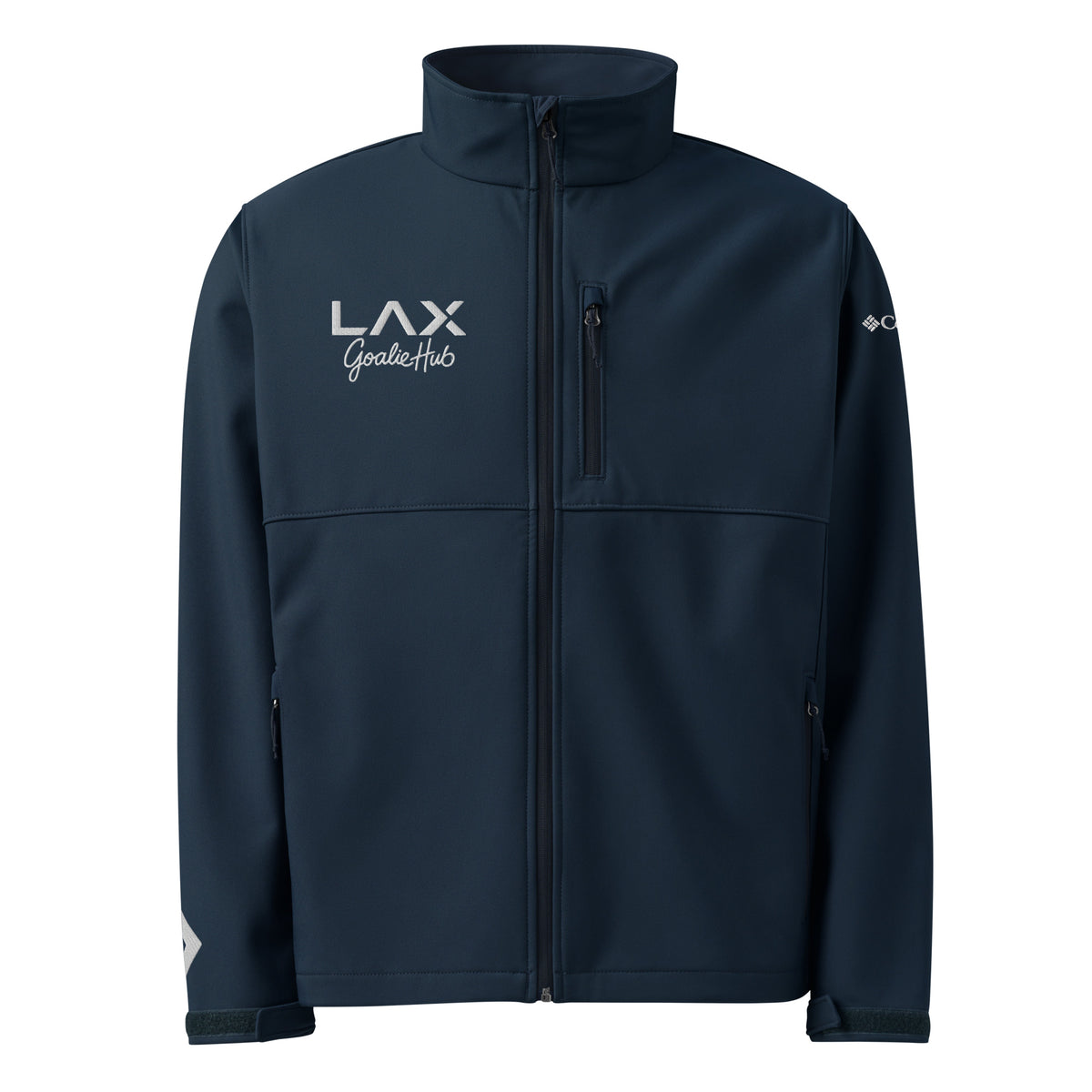 LGH Columbia Soft Shell Jacket in Collegiate Navy, front view with the embroidered LAX Goalie Hub logo on the chest