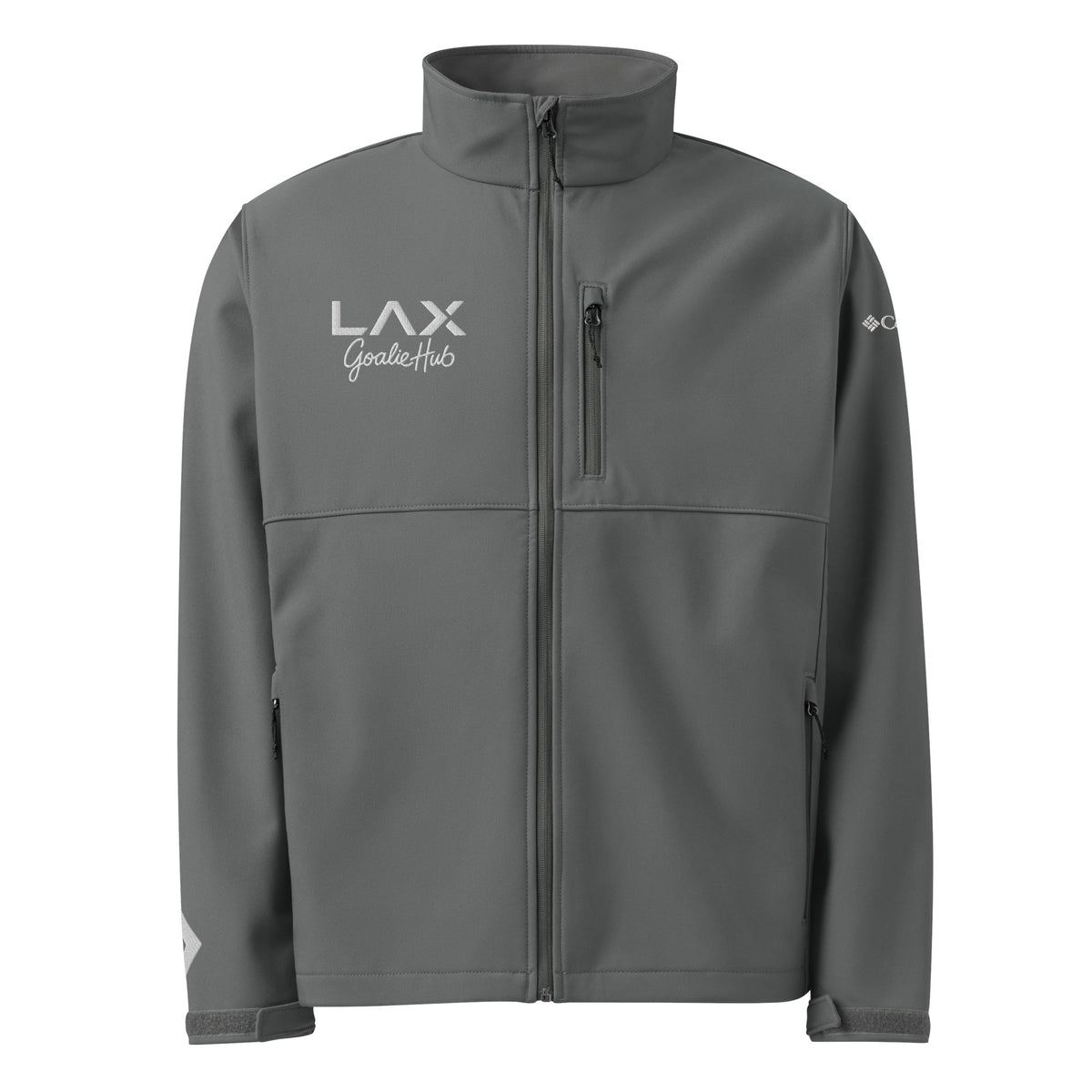 LGH Columbia Soft Shell Jacket in Graphite, front view with the embroidered LAX Goalie Hub logo on the chest