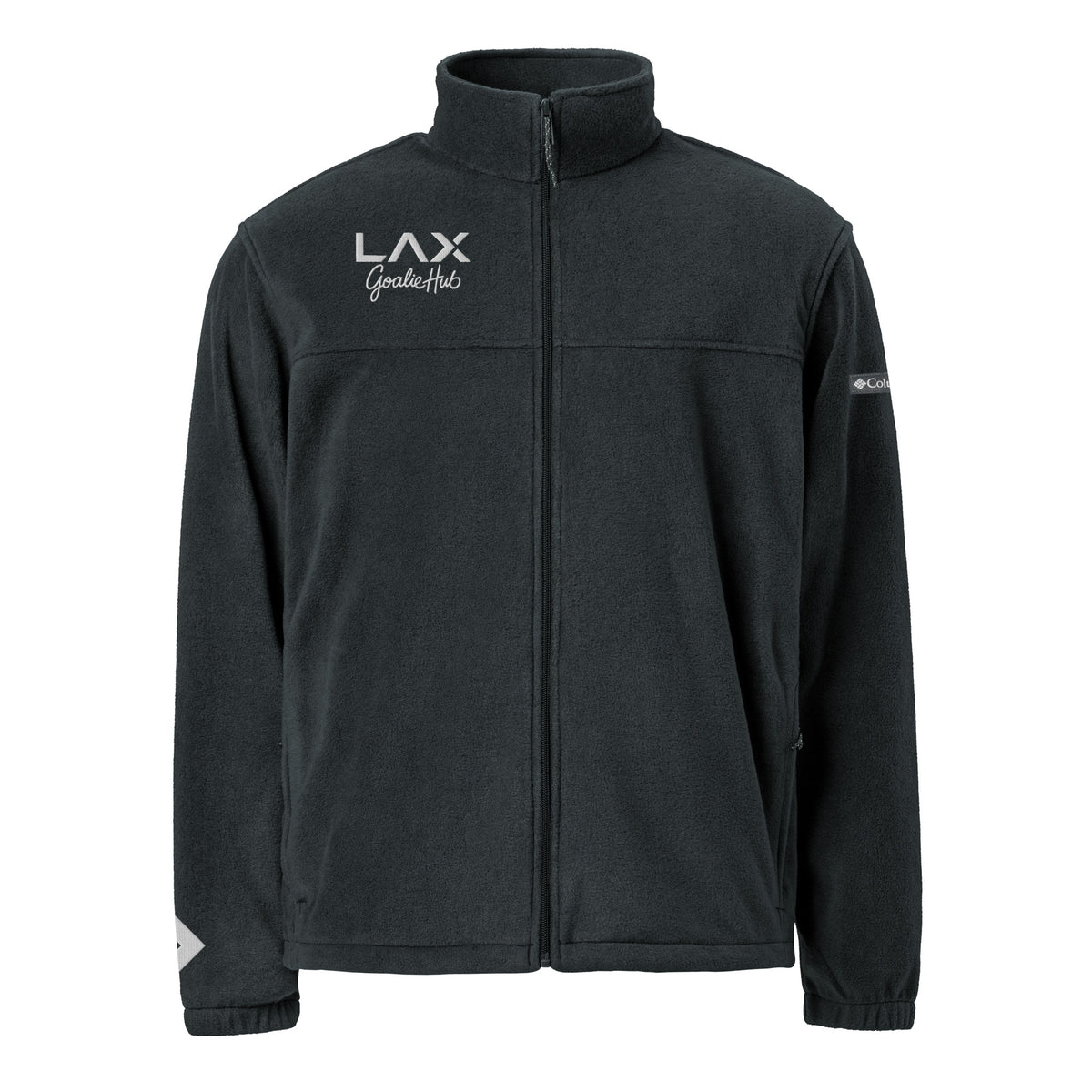 LGH Columbia Fleece Jacket in black, front view with the embroidered LAX Goalie Hub logo on the chest