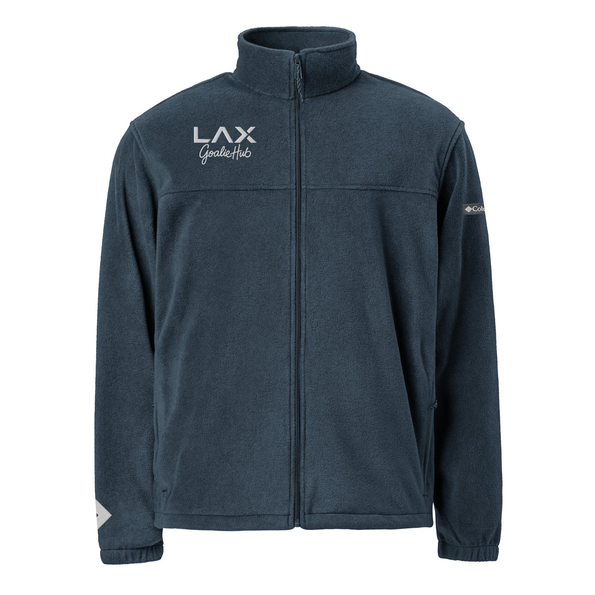 LGH Columbia Fleece Jacket in Collegiate Navy, front view with the embroidered LAX Goalie Hub logo on the chest