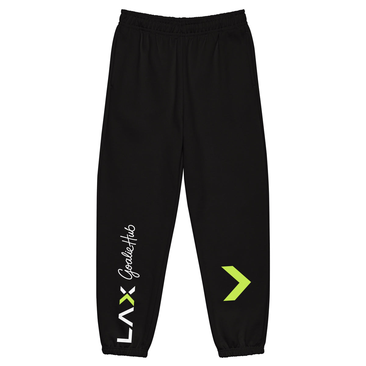 LGH Heavyweight Sweatpants in black, front view with the LAX Goalie Hub wordmark and green chevron on the legs