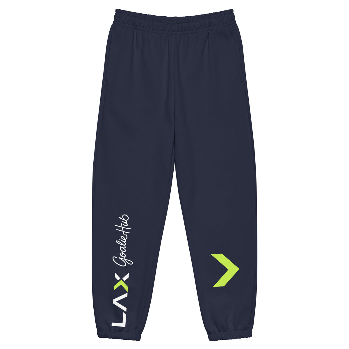 LGH Heavyweight Sweatpants in navy, front view with the LAX Goalie Hub wordmark and green chevron on the legs