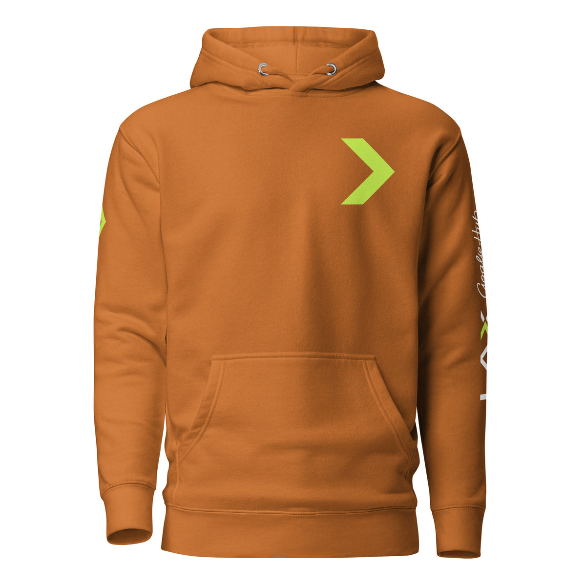 LGH Unisex Hoodie in Adobe, front view with the green chevron on the chest