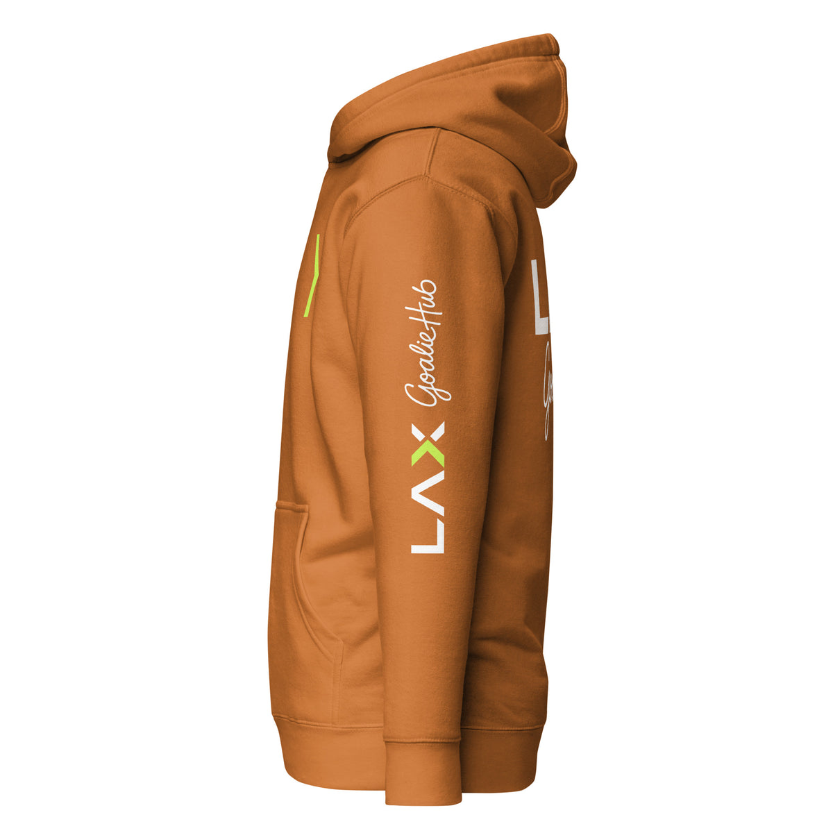 LGH Unisex Hoodie in Adobe, left side view showing the sleeve print