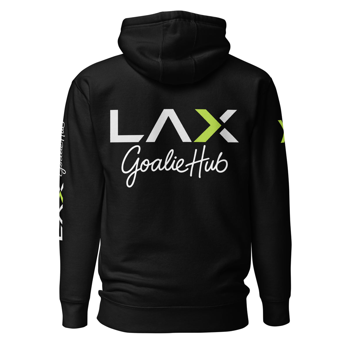LGH Unisex Hoodie in Black, back view with the full LAX Goalie Hub logo