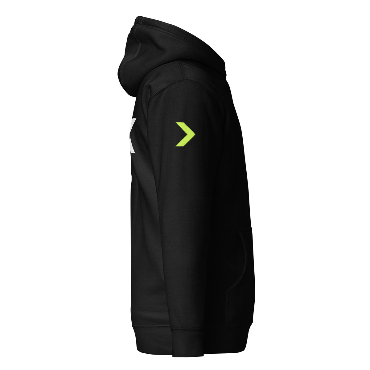 LGH Unisex Hoodie in Black, right side view showing the sleeve print