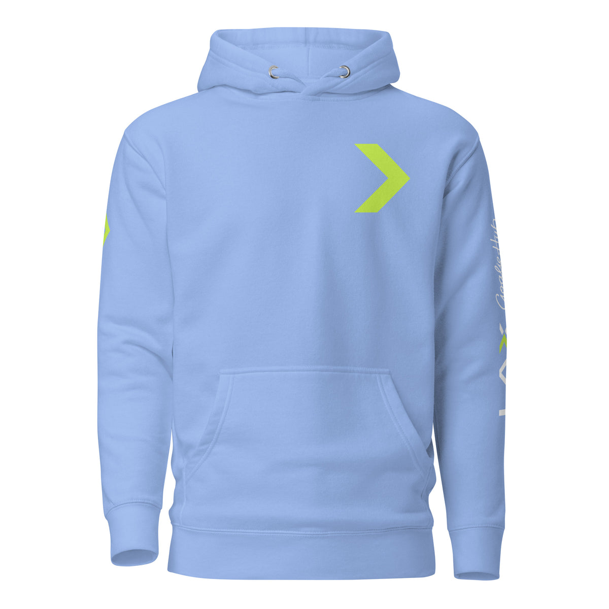 LGH Unisex Hoodie in Carolina Blue, front view with the green chevron on the chest