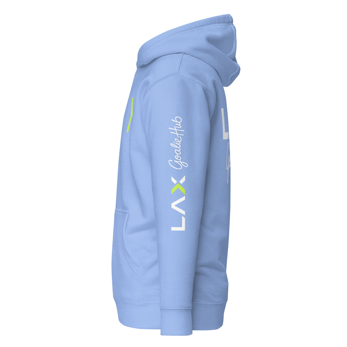 LGH Unisex Hoodie in Carolina Blue, left side view showing the sleeve print