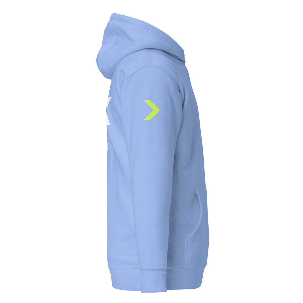 LGH Unisex Hoodie in Carolina Blue, right side view showing the sleeve print