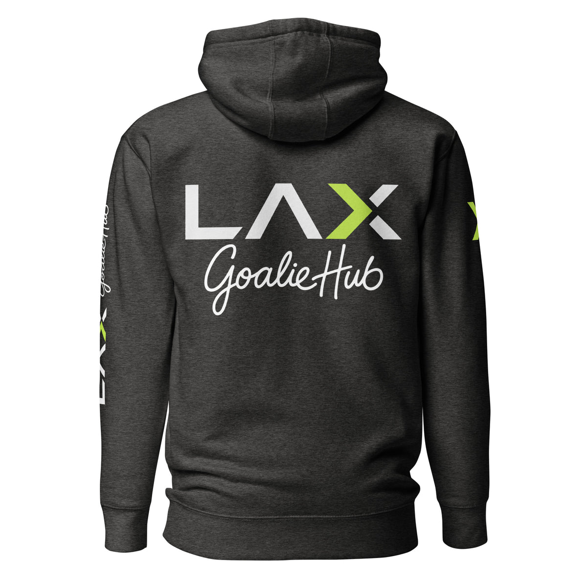 LGH Unisex Hoodie in Charcoal Heather, back view with the full LAX Goalie Hub logo
