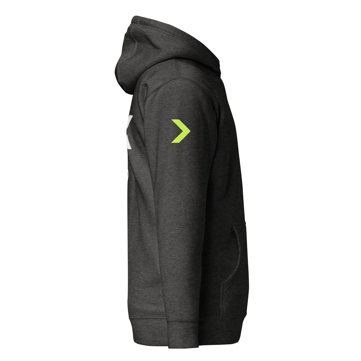 LGH Unisex Hoodie in Charcoal Heather, right side view showing the sleeve print