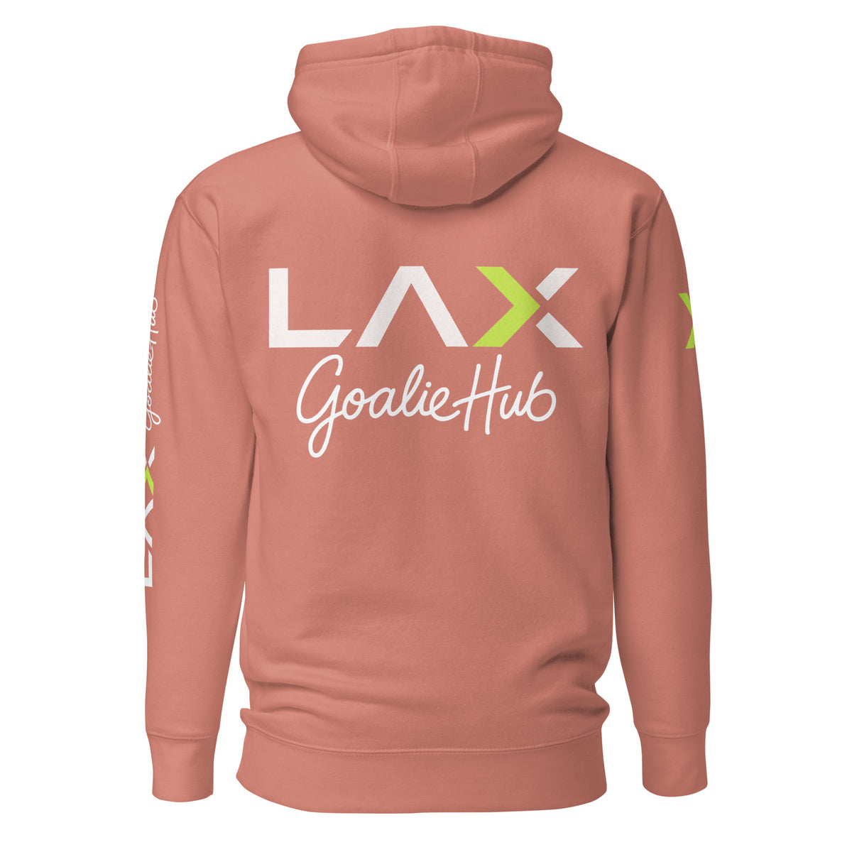 LGH Unisex Hoodie in Dusty Rose, back view with the full LAX Goalie Hub logo