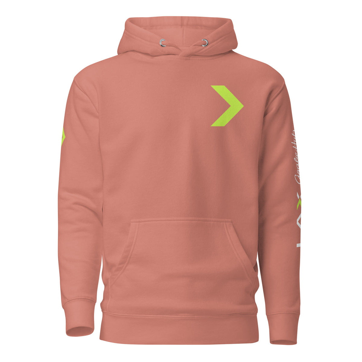 LGH Unisex Hoodie in Dusty Rose, front view with the green chevron on the chest