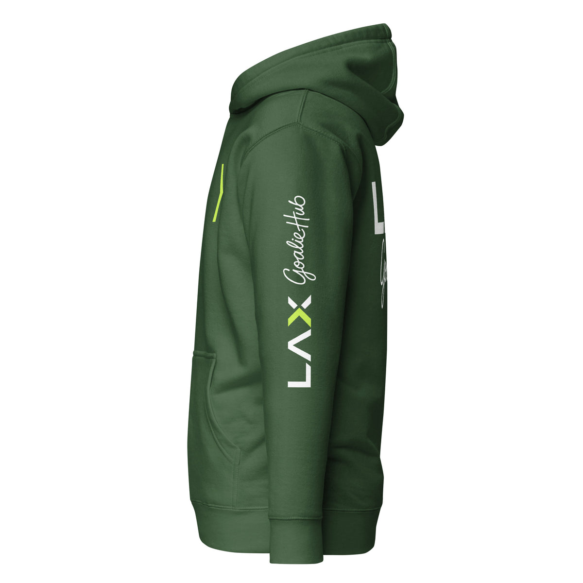 LGH Unisex Hoodie in Forest Green, left side view showing the sleeve print