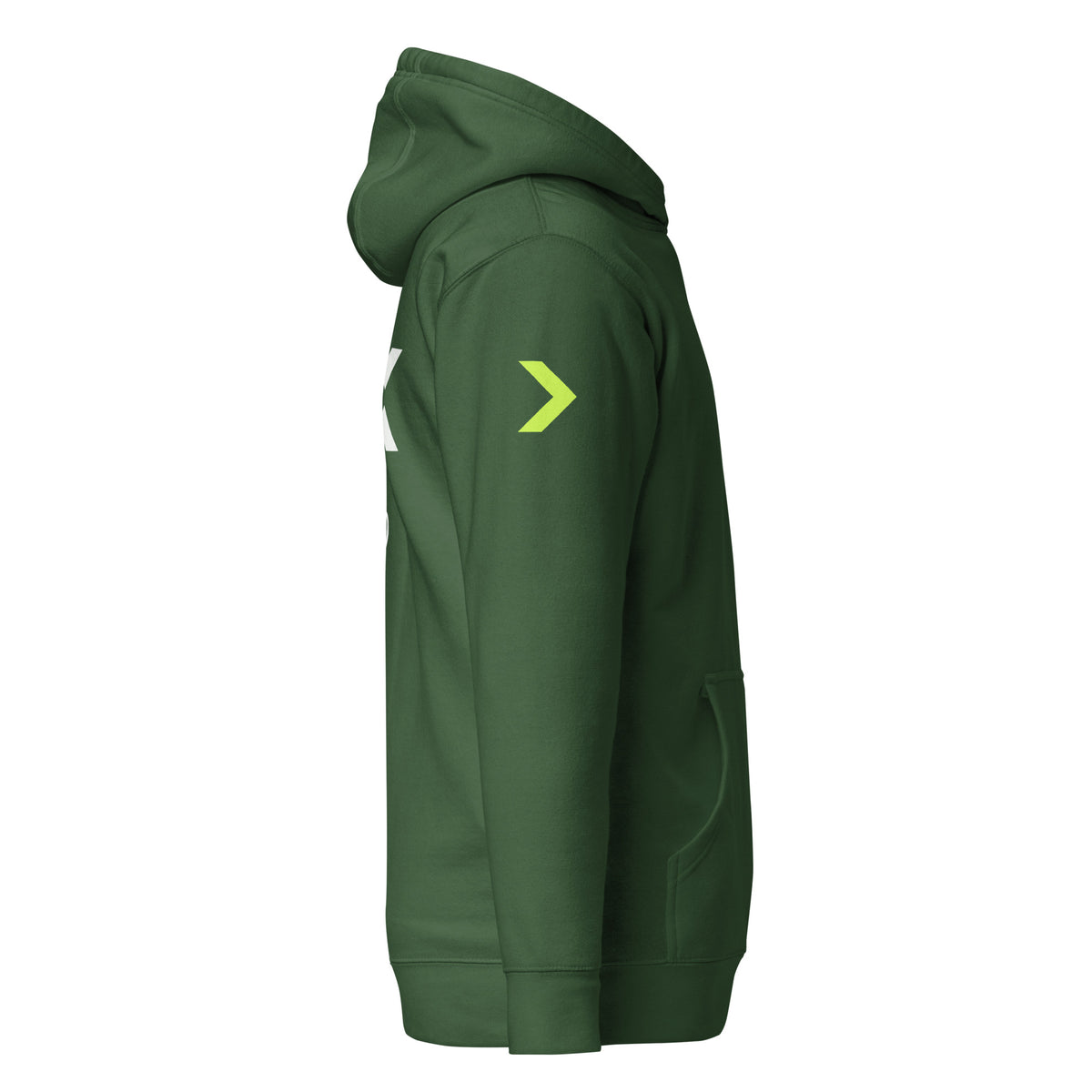 LGH Unisex Hoodie in Forest Green, right side view showing the sleeve print