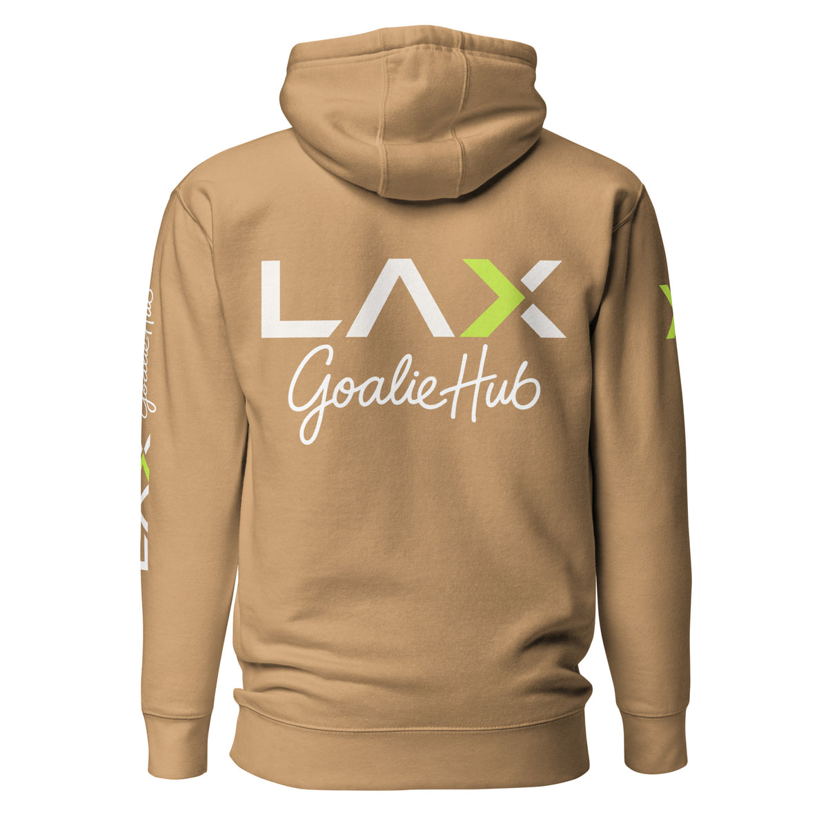 LGH Unisex Hoodie in Khaki, back view with the full LAX Goalie Hub logo