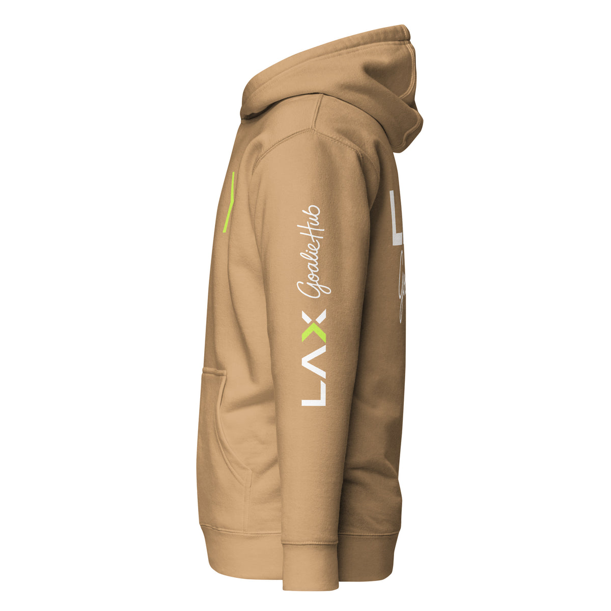 LGH Unisex Hoodie in Khaki, left side view showing the sleeve print