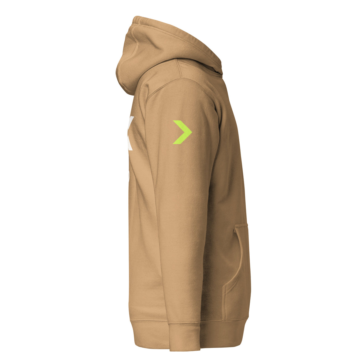 LGH Unisex Hoodie in Khaki, right side view showing the sleeve print