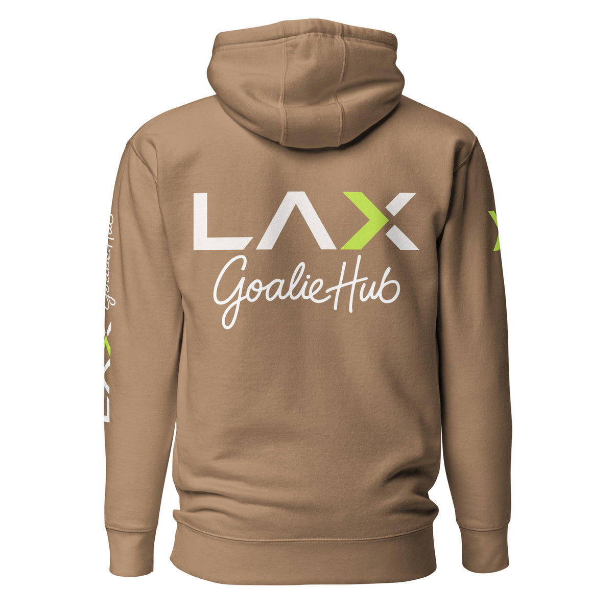 LGH Unisex Hoodie in Latte, back view with the full LAX Goalie Hub logo