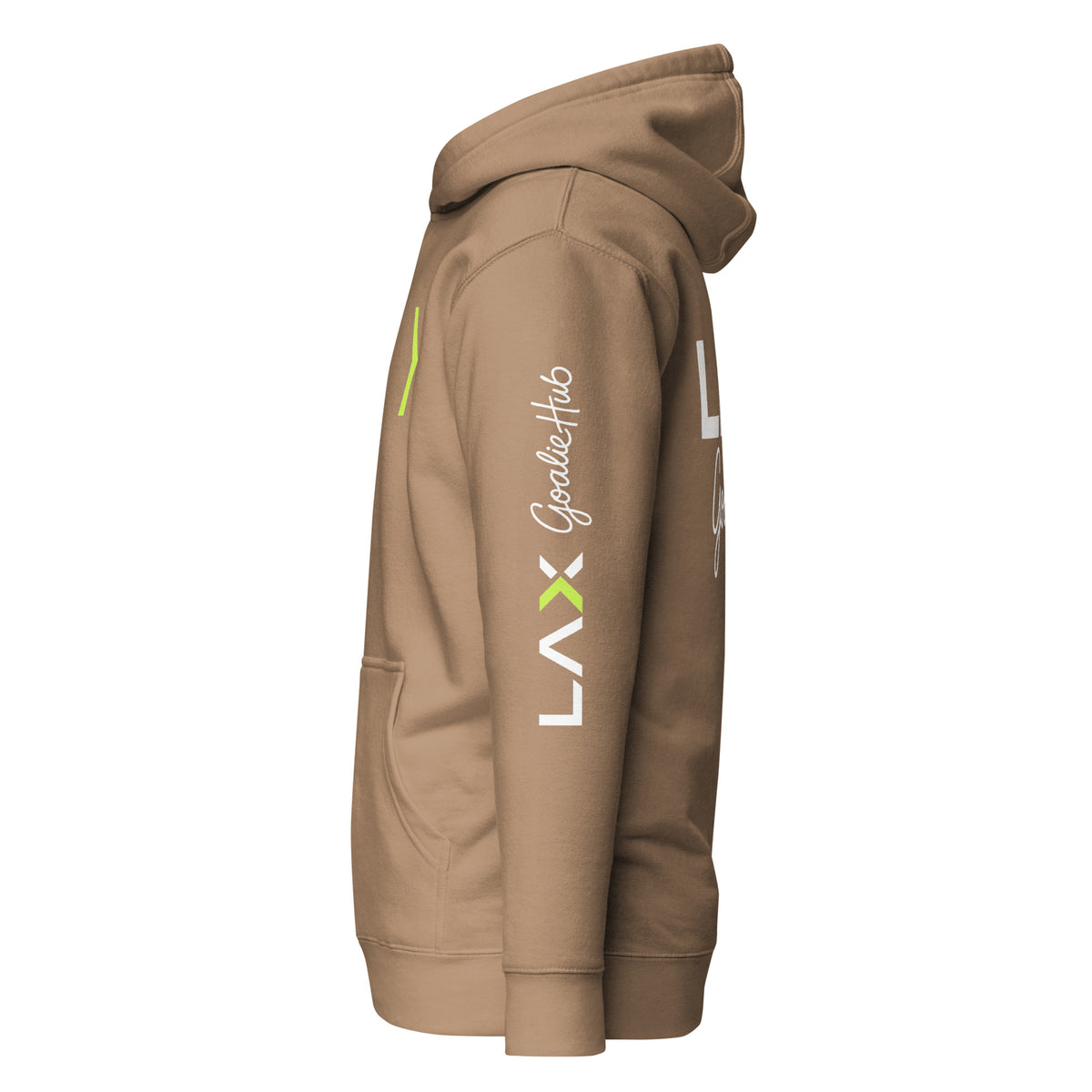 LGH Unisex Hoodie in Latte, left side view showing the sleeve print