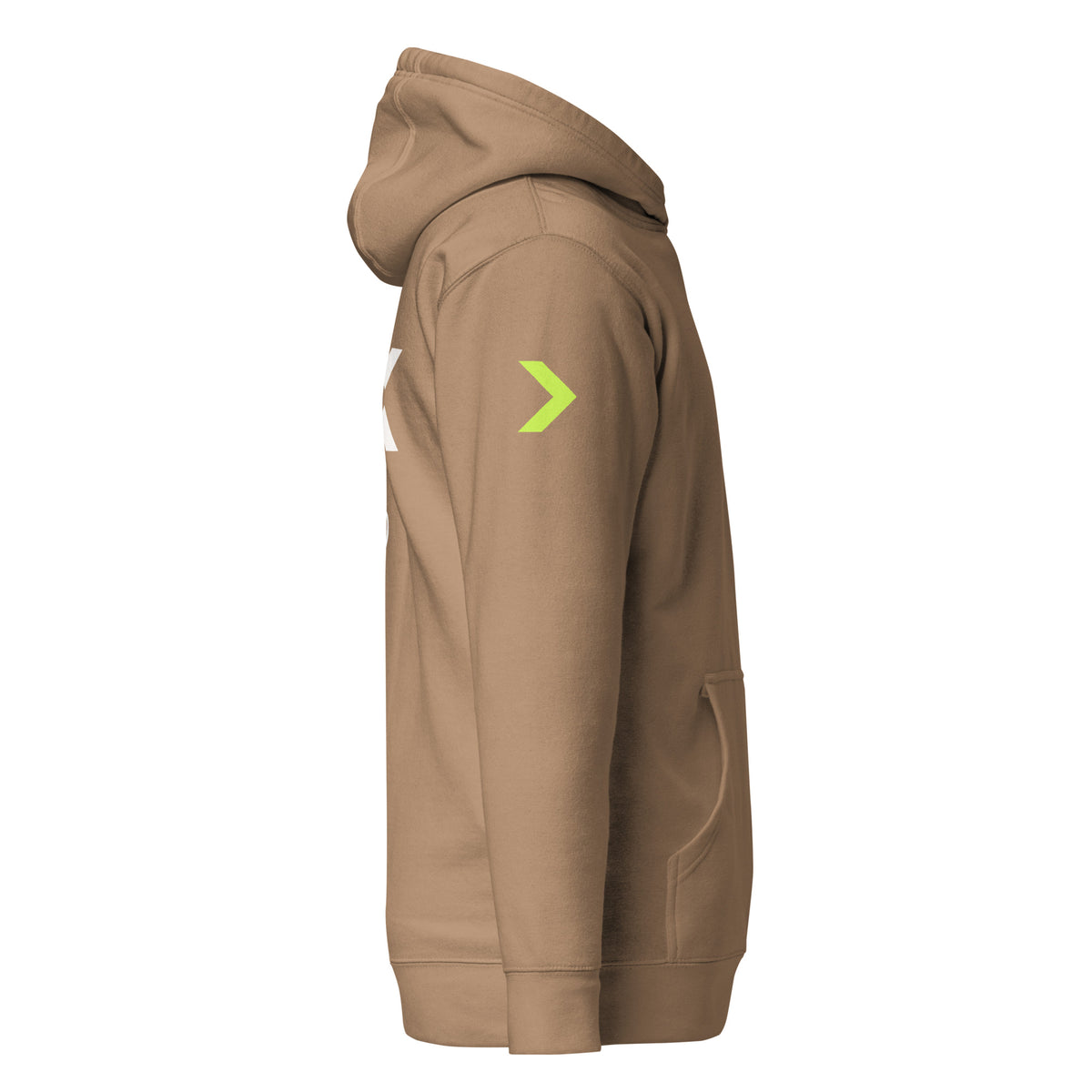 LGH Unisex Hoodie in Latte, right side view showing the sleeve print