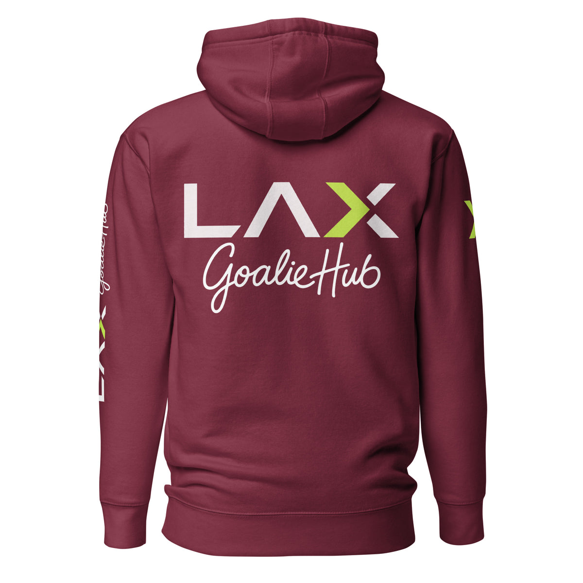LGH Unisex Hoodie in Maroon, back view with the full LAX Goalie Hub logo