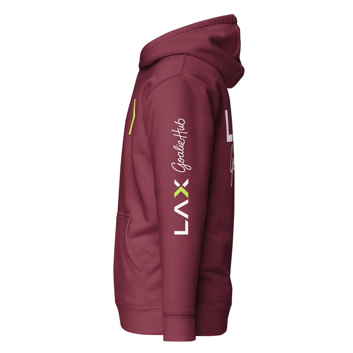 LGH Unisex Hoodie in Maroon, left side view showing the sleeve print