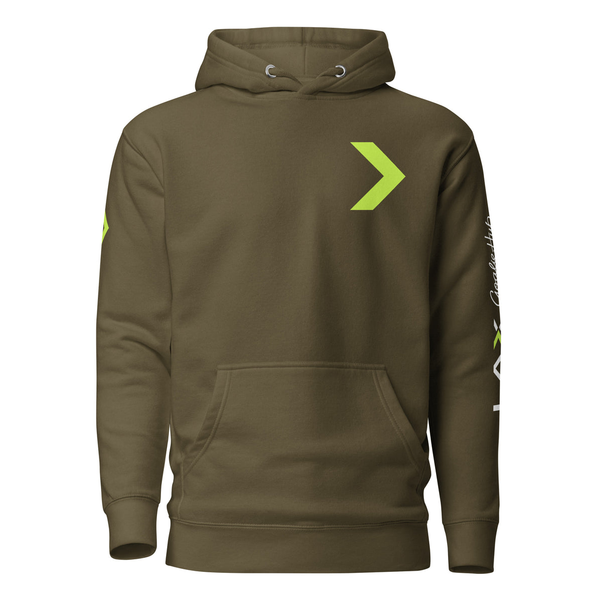 LGH Unisex Hoodie in Military Green, front view with the green chevron on the chest