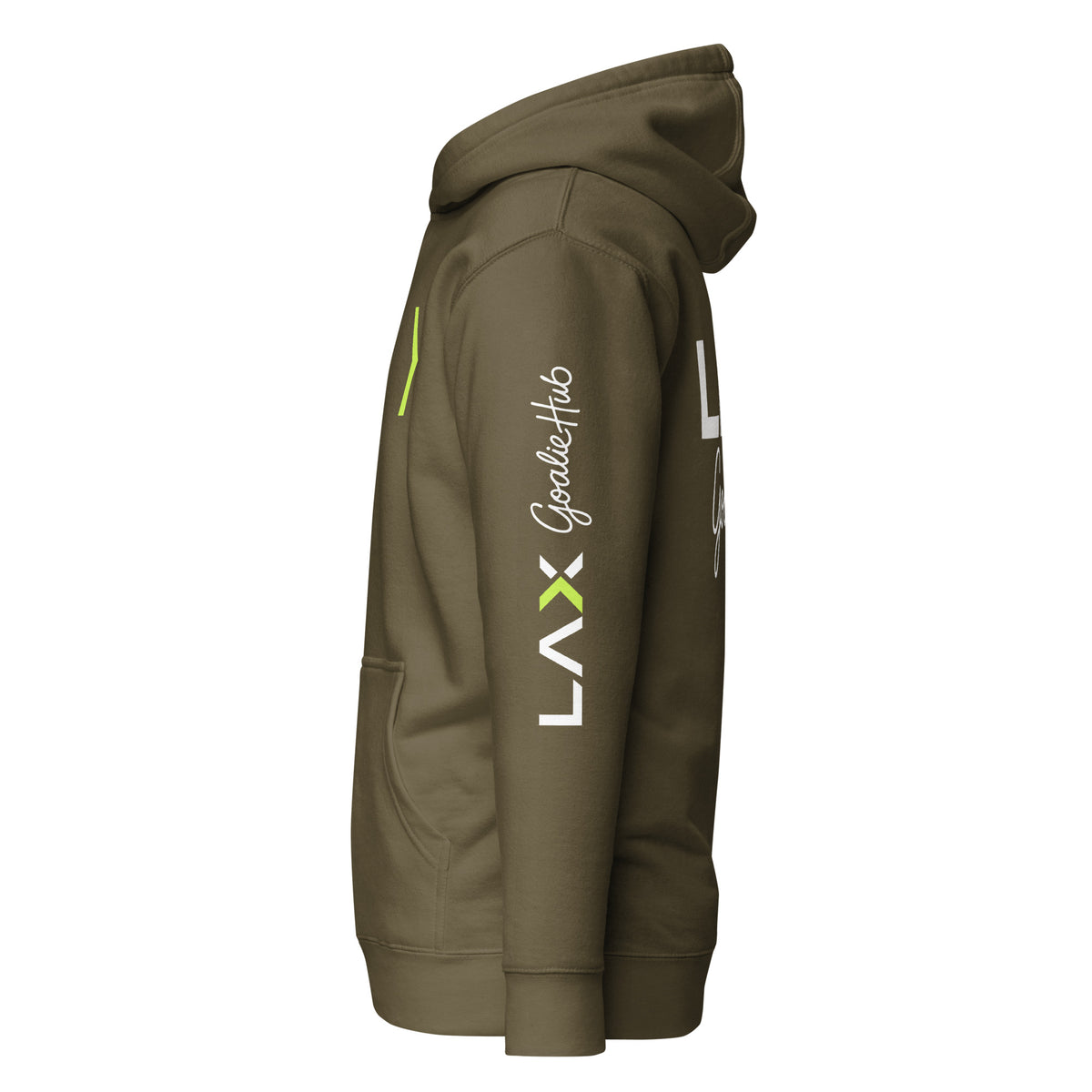 LGH Unisex Hoodie in Military Green, left side view showing the sleeve print