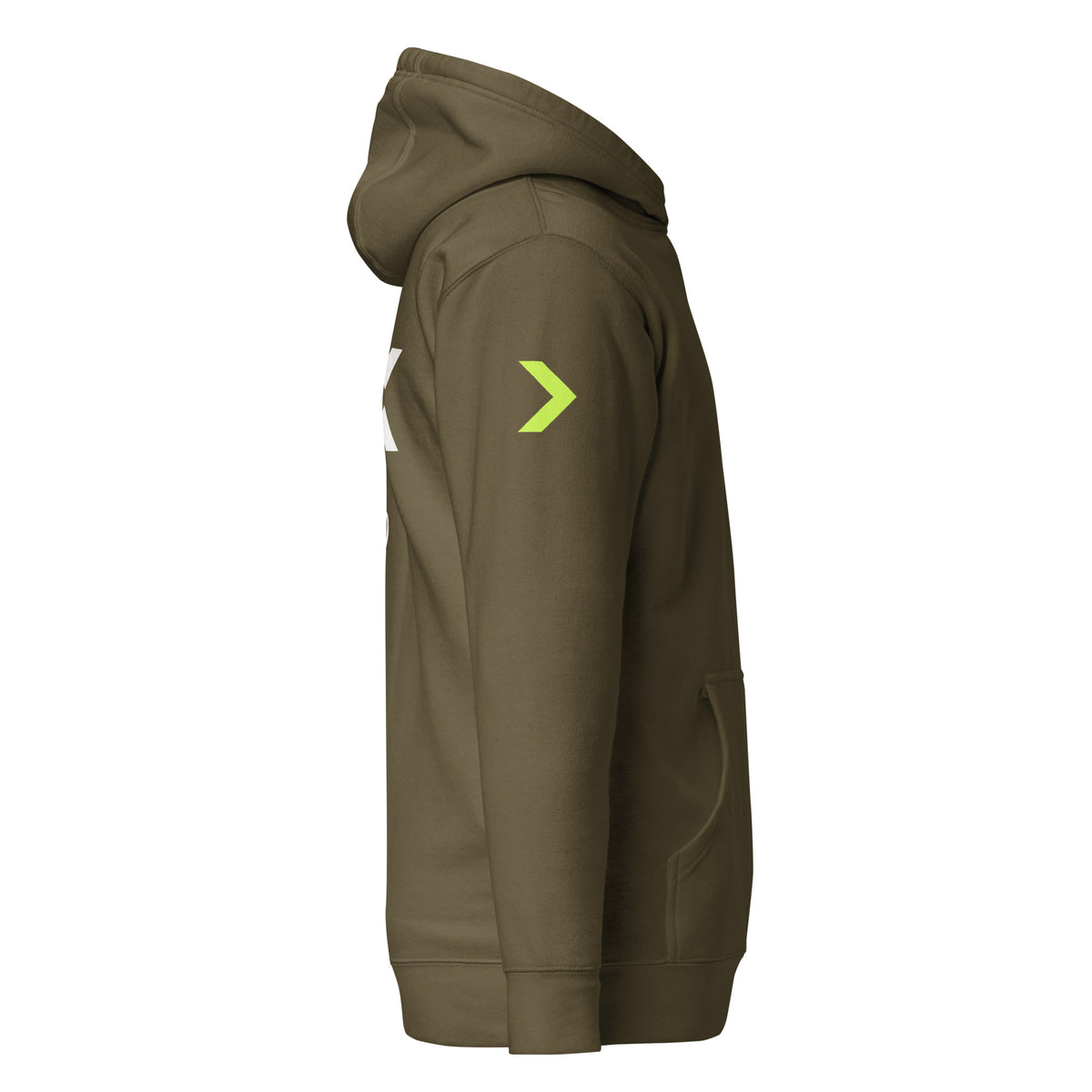 LGH Unisex Hoodie in Military Green, right side view showing the sleeve print