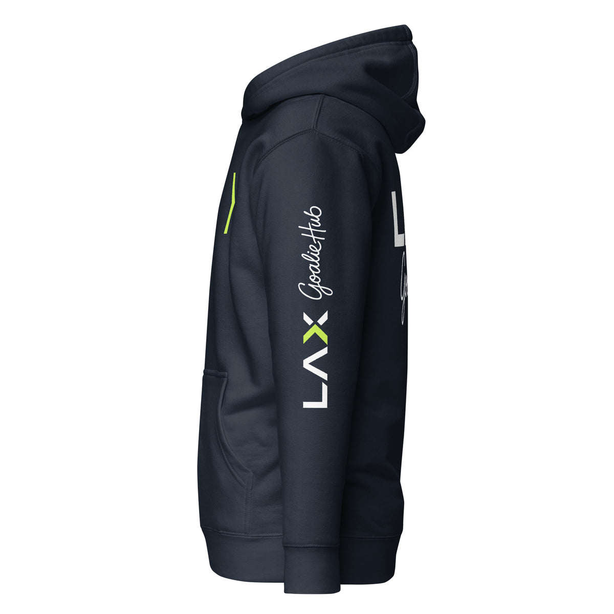 LGH Unisex Hoodie in Navy Blazer, left side view showing the sleeve print