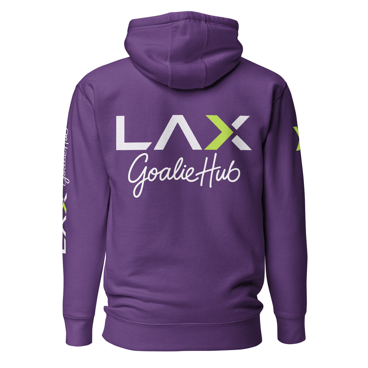 LGH Unisex Hoodie in Purple, back view with the full LAX Goalie Hub logo
