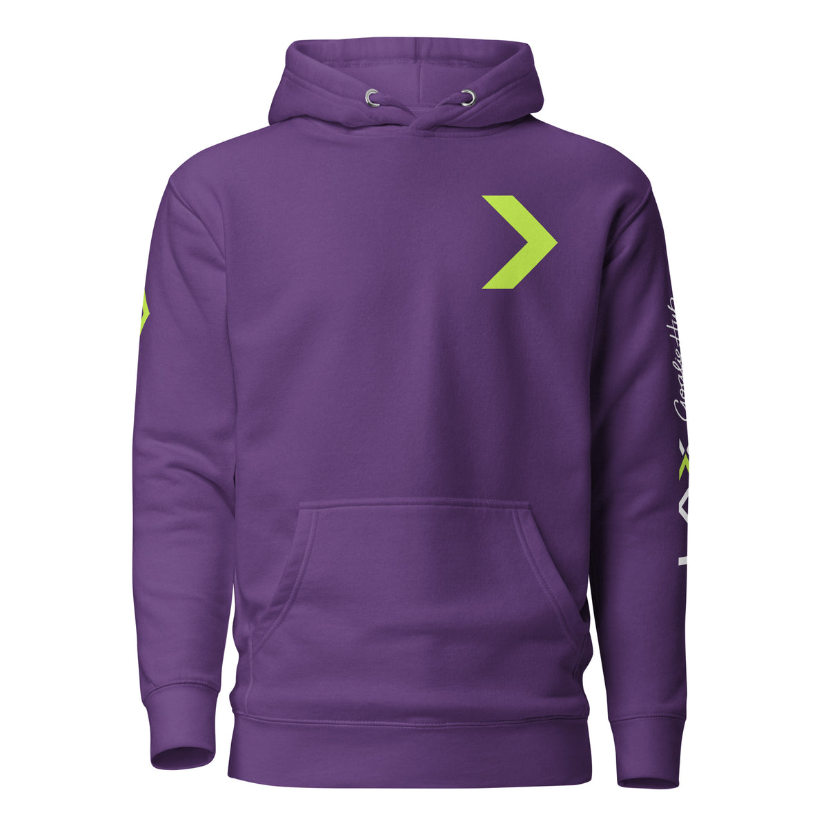 LGH Unisex Hoodie in Purple, front view with the green chevron on the chest