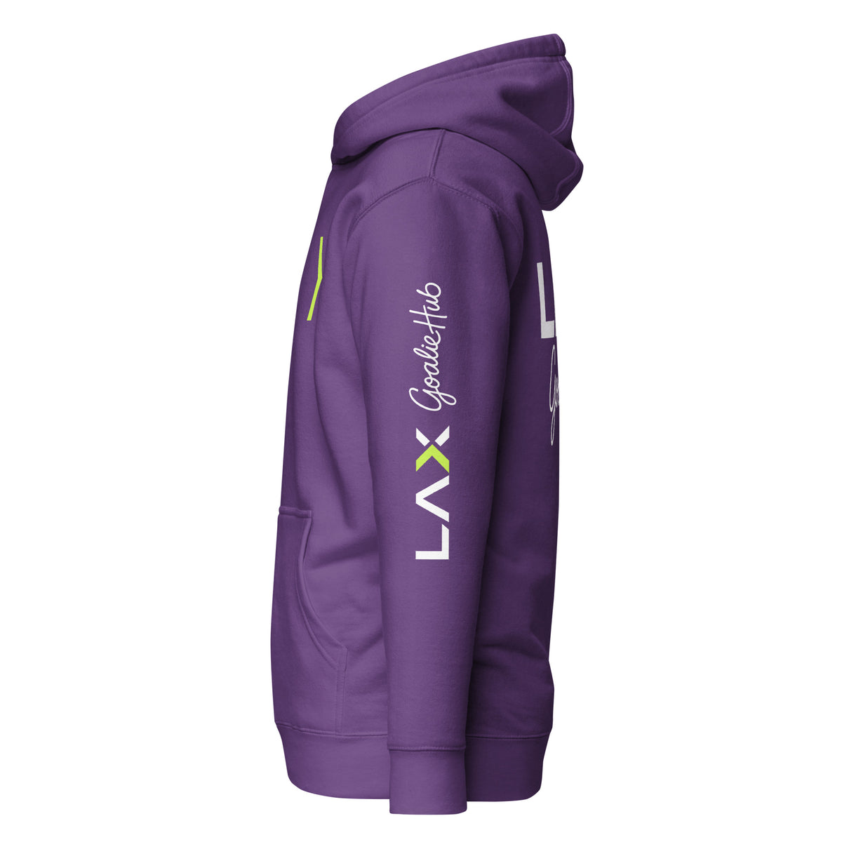 LGH Unisex Hoodie in Purple, left side view showing the sleeve print