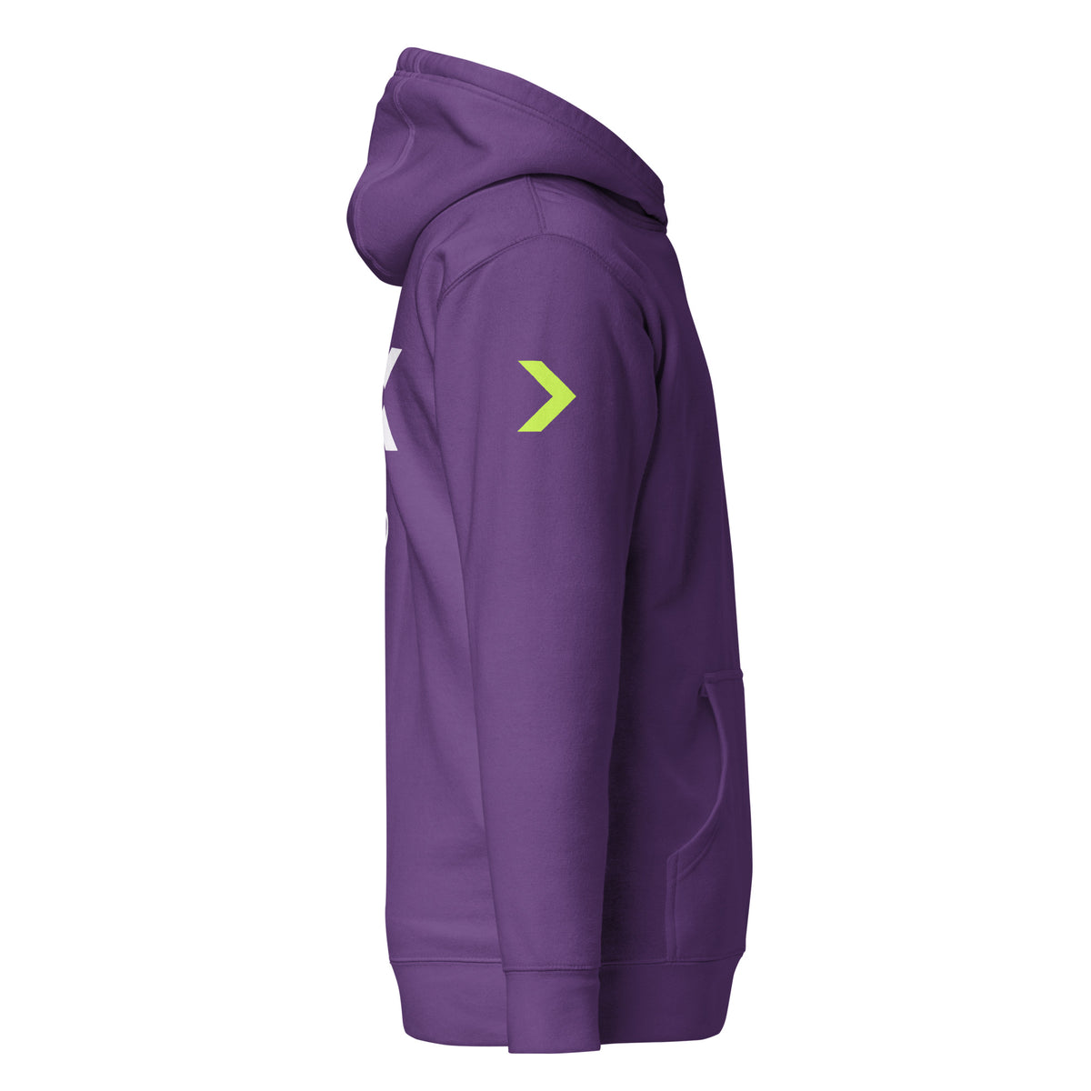 LGH Unisex Hoodie in Purple, right side view showing the sleeve print