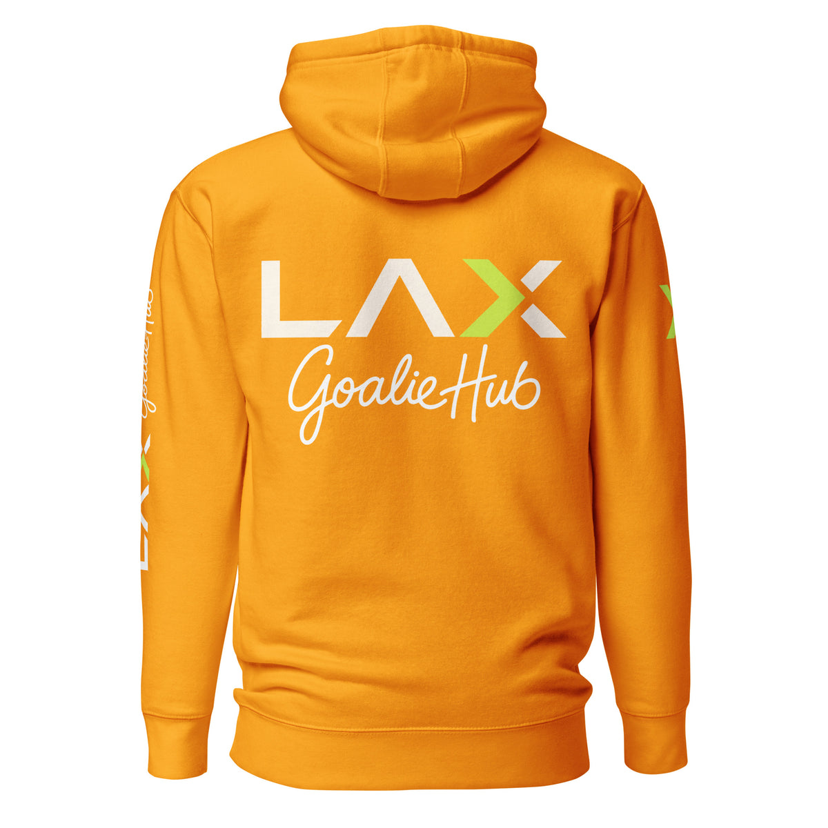 LGH Unisex Hoodie in Team Gold, back view with the full LAX Goalie Hub logo
