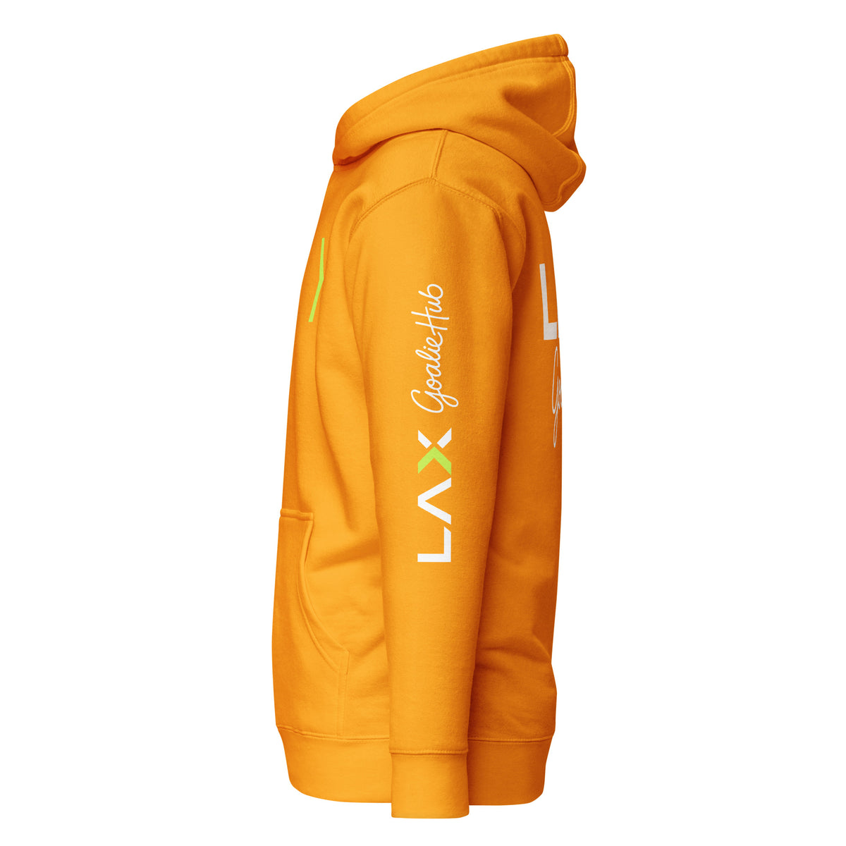 LGH Unisex Hoodie in Team Gold, left side view showing the sleeve print